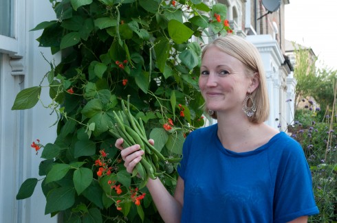 Charlotte picking her front garden runner beans 5